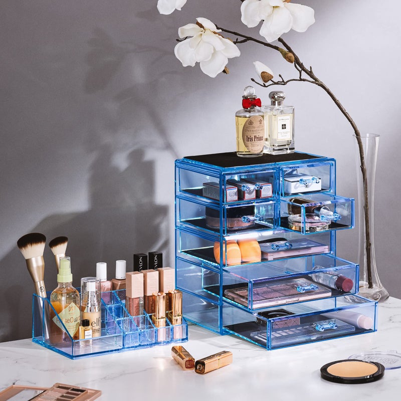 Sorbus Acrylic Makeup Organizer Set, 7-Drawer Vanity & Countertop Cosmetic Storage with Small & Wide Compartments, Blue Brilliance Makeup Storage for Brushes, Jewelry â€“ Holiday Gift for Women & Teens - Image 3